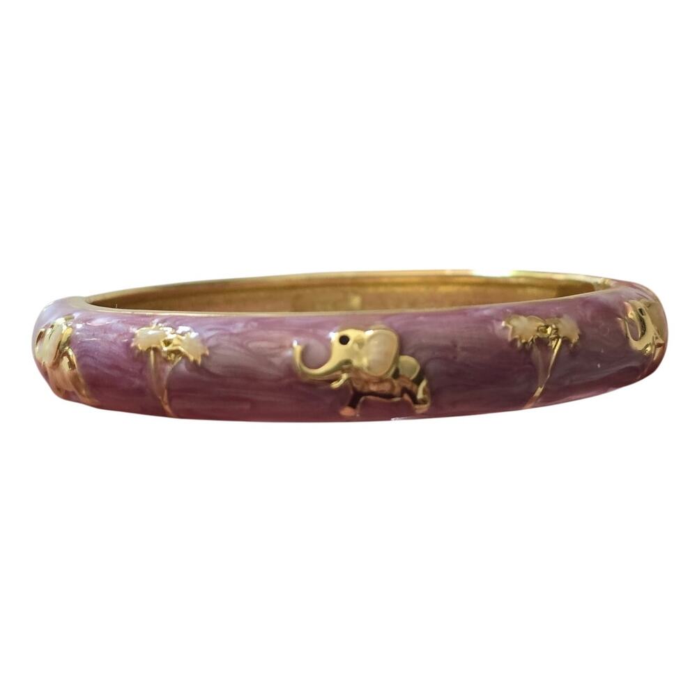 JTF Elephant Palm Tree Bangle Bracelet Gold Purple Pink Enamel